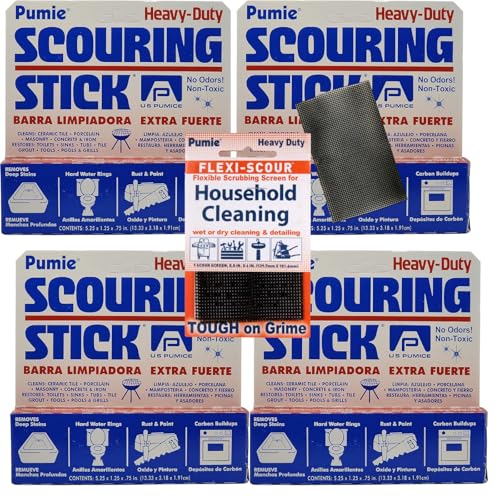 PUMIE Pumice Scouring Stick for Cleaning Toilet Bowl Rings & Hard Water Stains, Bathroom, Pools & Tubs, Pumice Stone for Toilet Cleaning, Rust, Grills, Food Build Ups, Pack of 4, includes Scouring Pad