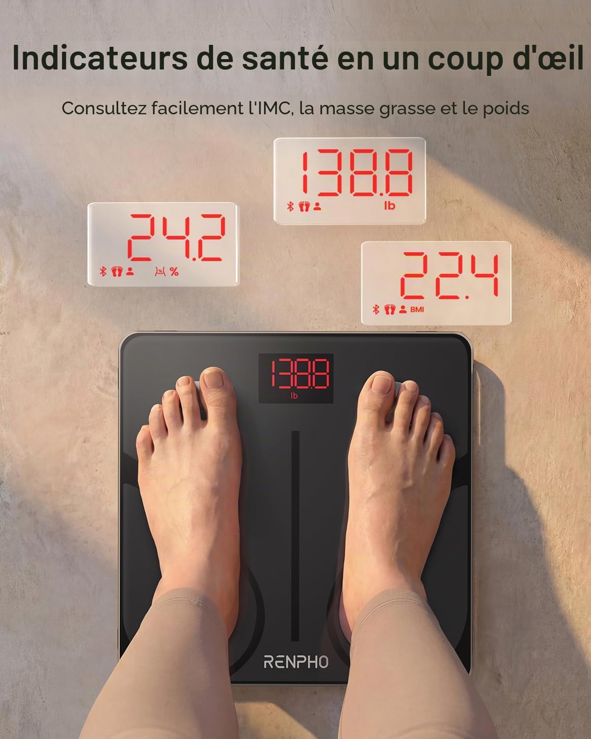 RENPHO Balance Pese Personne, Pese Personnes en Verre Trempé, Bluetooth, Max. 180 kg, Balance Connectée avec 13 Données Corporelles (IMC/graisse corporelle/masse osseuse/BMR/muscle/eau), Elis 1