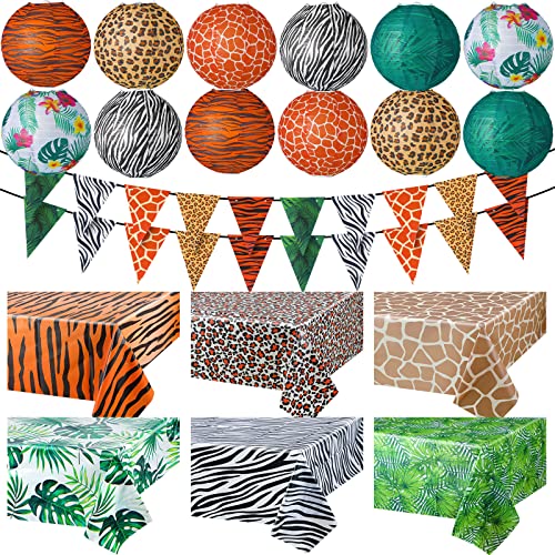 Buryeah 20 Pieces Jungle Theme Party Supplies Safari Birthday Decorations Set, 12 Animal Print Paper Lanterns, 6 Zoo Print Table Cover, 2 Animal Print Pennant Banners for Birthday Party Decor