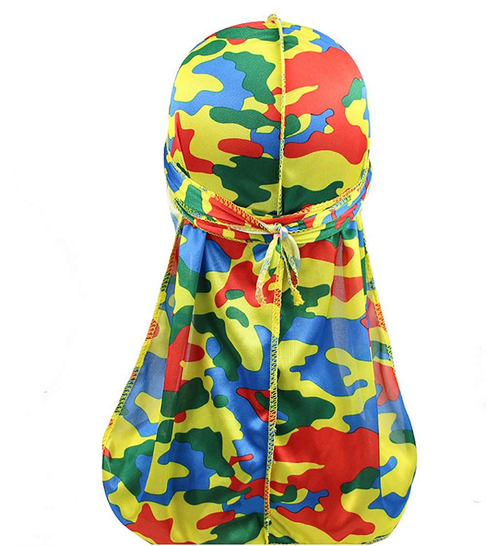 DINPREY Assorted Paisley Bandana Doo rag Cap Headwraps Men's Women's Silk Durag with Long Tail and Wide Straps for 360 Waves, Multicolor Camouflage, 7.375