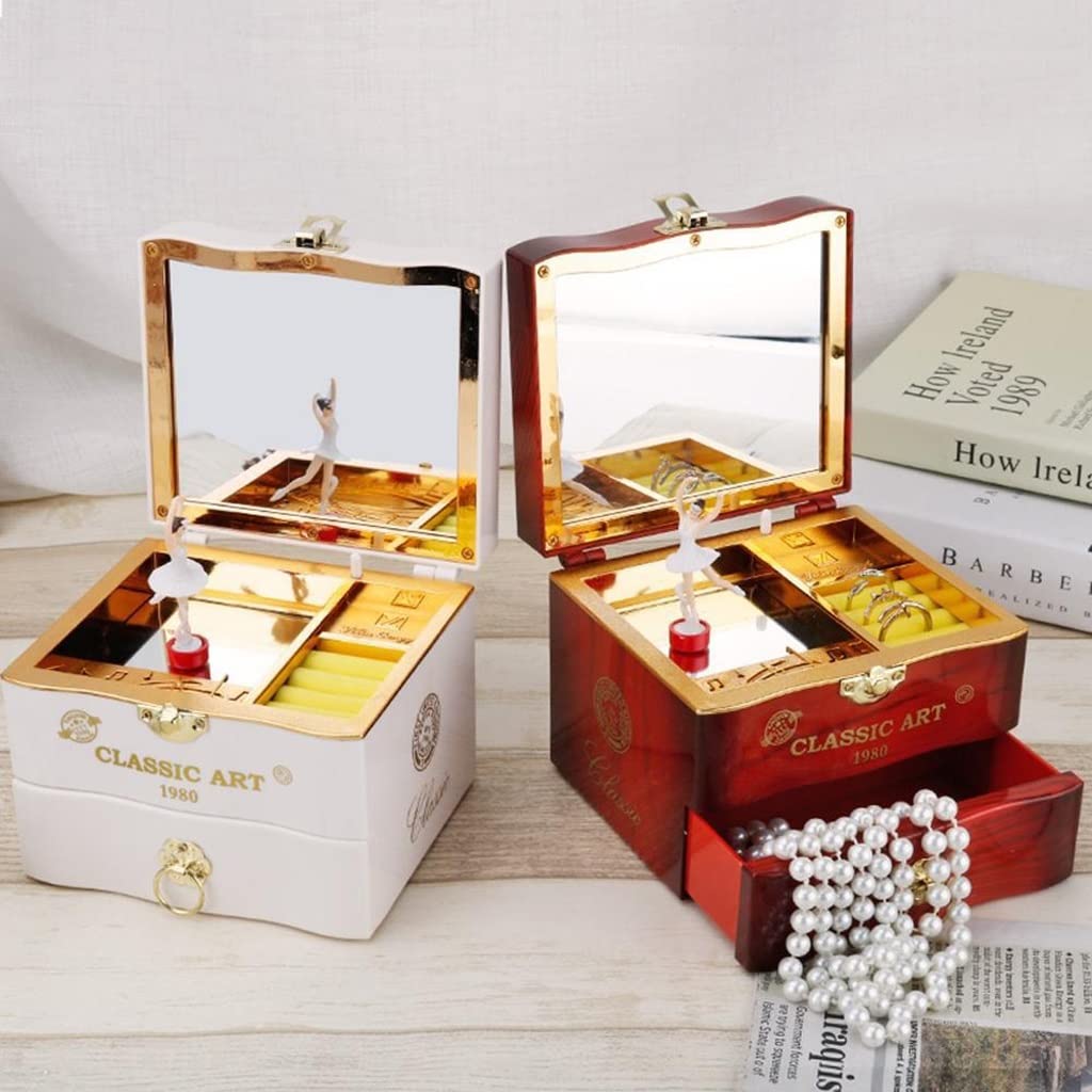 Carillon Scatola Musicale Spin Music Box Ballerina Jewelry Box Mirror Play Compact Storage Box Scatola Musicale Regalo di Compleanno for la Ragazza Carillon Regalo di(Burgundy)