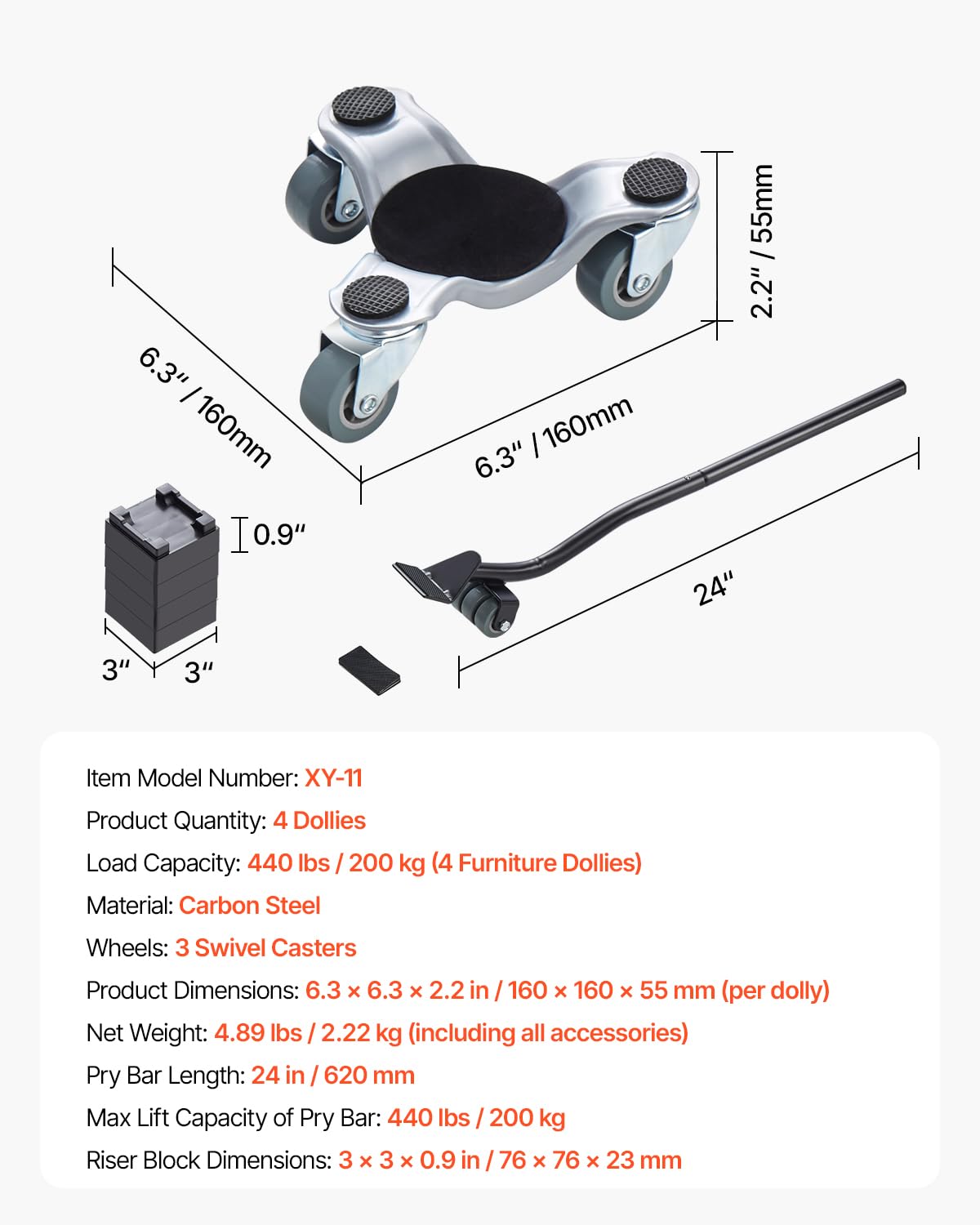 VEVOR 4 carrelli per mobili da 15,2 cm, in acciaio con ruote girevoli a 360° in polipropilene e tappo antiscivolo, 3 ruote per spostare mobili pesanti, frigorifero, divano