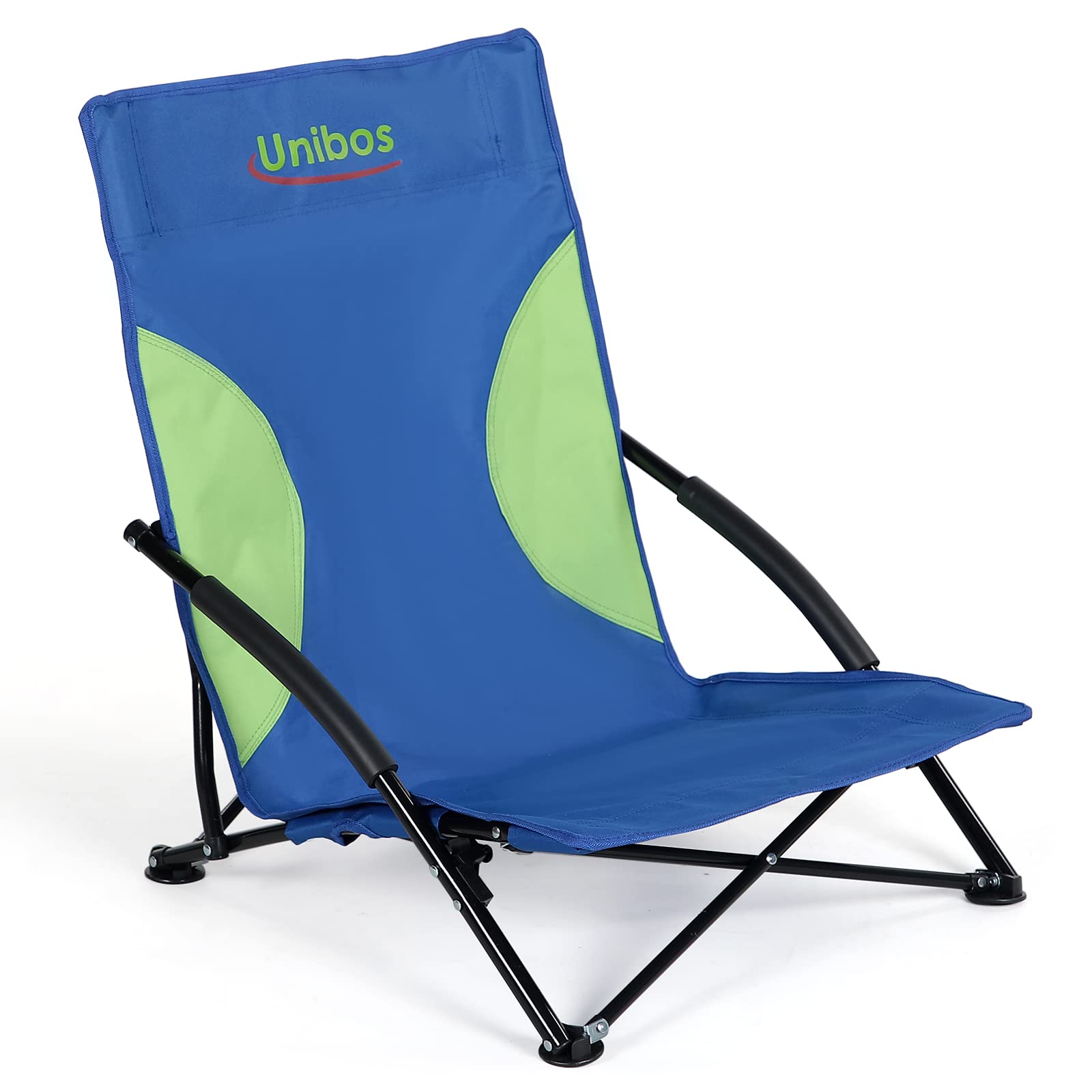 Unibos Folding Beach Chair with Padded Armrest, Outdoor Low Beach Chair Lightweight, Portable, Folding Outdoor Seat For Camping Beach Festivals Garden Caravan Trips Fishing BBQ With Carry Bag