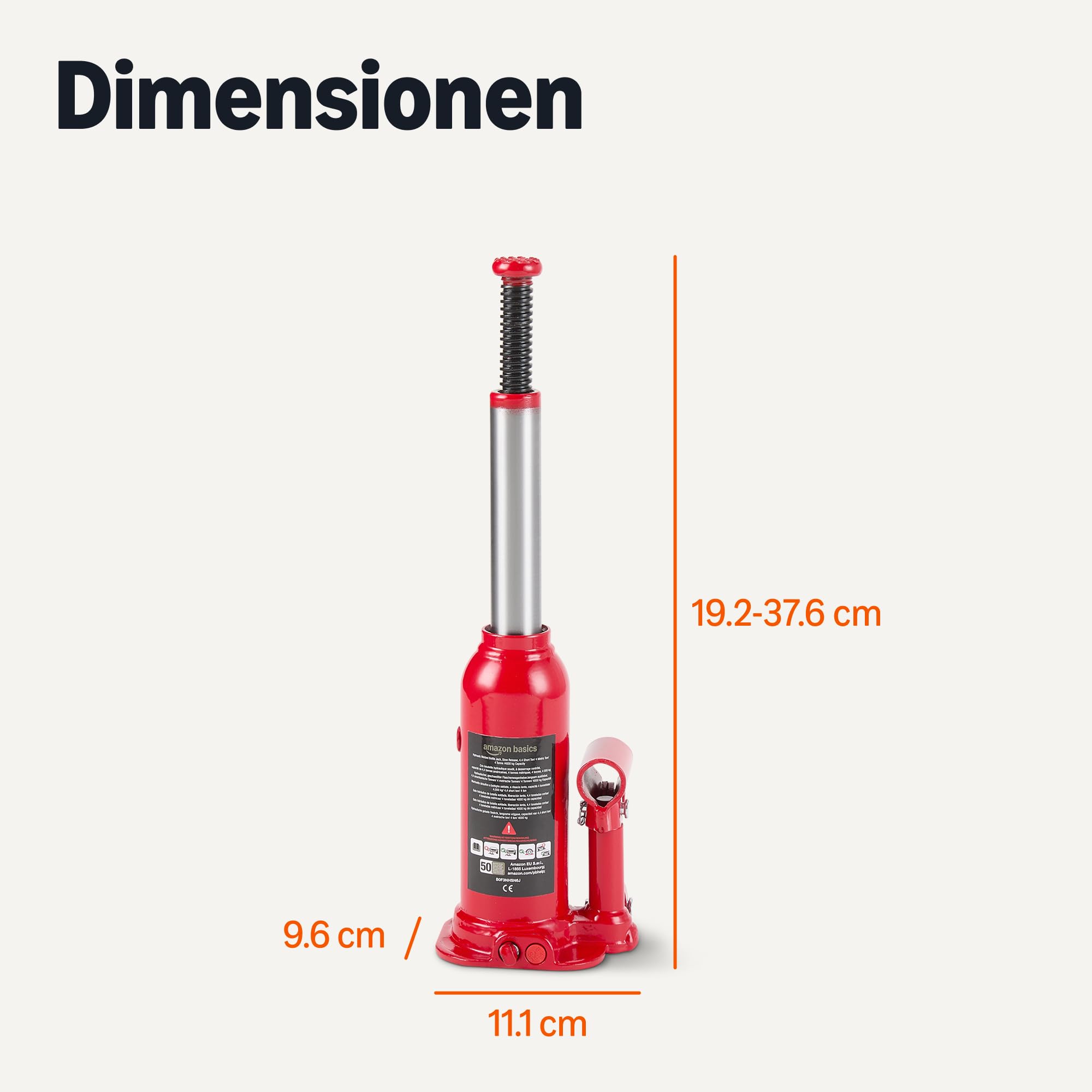 Amazon Basics Borraccia e Martinetto Idraulico Saldato, Capacità fino a 4,4 Tonnellate Corte/4 Tonnellate Metriche/4 Tonnellate/4000 kg, Rilascio Lento, Rosso - 5