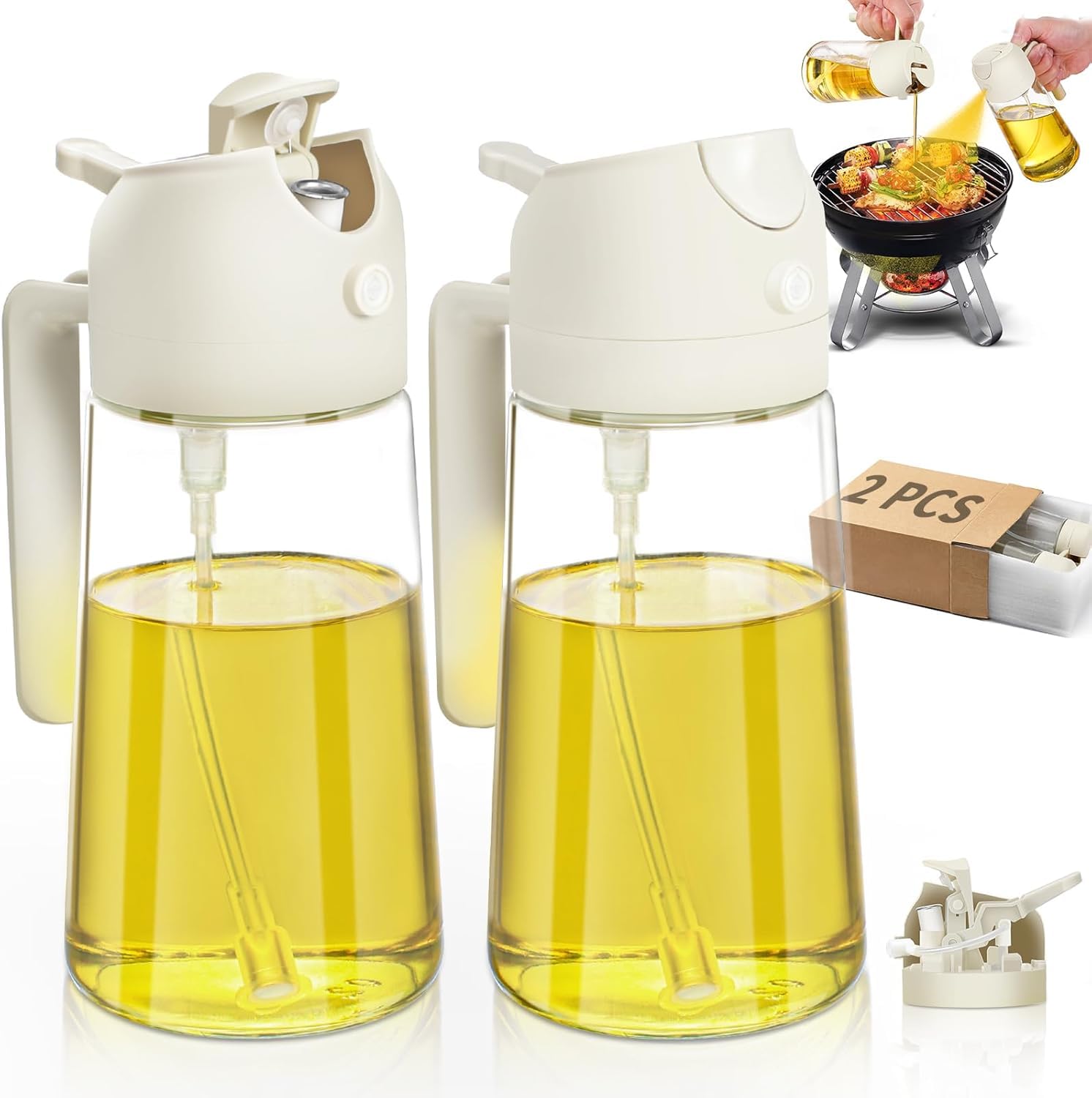RMNJPW 2Pcs Glass Oil Sprayer for Cooking 16oz/470ml, Kitchen Gadget for Air Fryer, Salad, BBQ, Frying（White） (White 2Pcs)