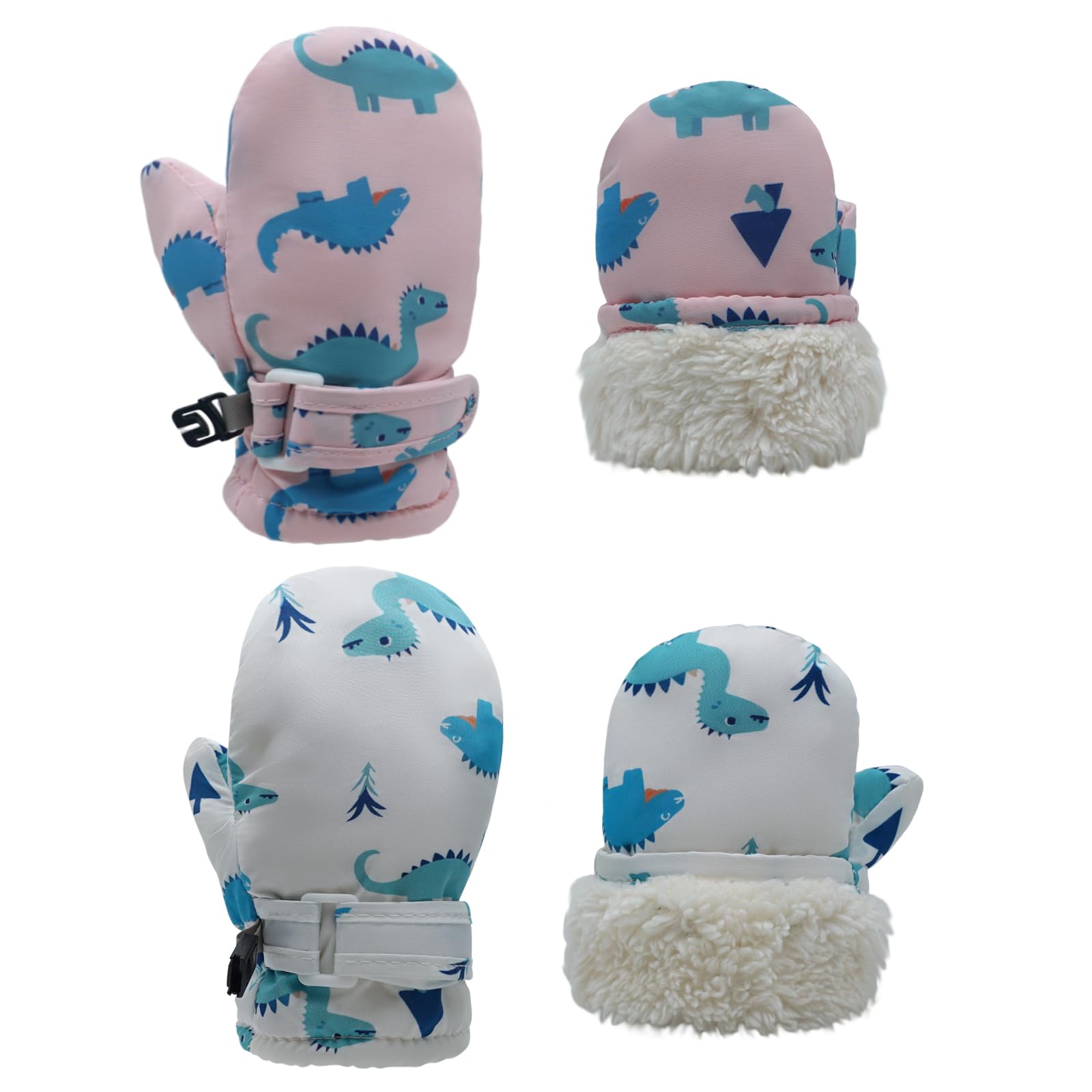 SmztTrend Toddler Mittens Waterproof Fleece Lined 2 Pack Toddler Winter Gloves Warm Snow Gloves for Baby Boys Girls (Dinosaur-White+Pink, 2-4 Years)