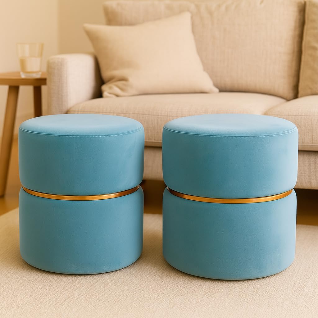 Ottoman Stool for Living Room, Velvet Foot Rest Stool, Sitting Stool for Living Room Decoration, Puffy Stool for Bedroom, Room Dcor | Set of 2 (Aqua)-image-25