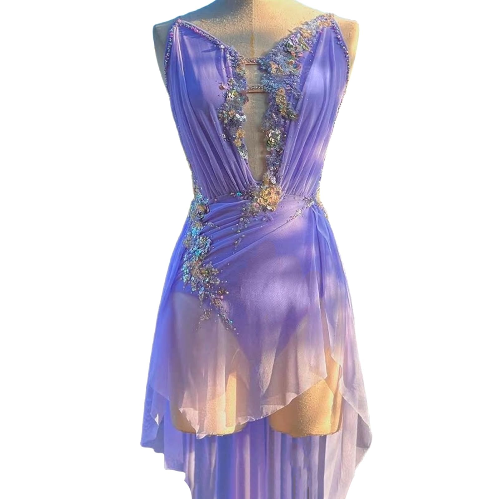 Vestido De Baile Lírico For Niñas, Leotardo Con Tirantes Finos Y Diamantes De Imitación Con Falda De Gasa Fluida, Ropa De Baile Contemporánea