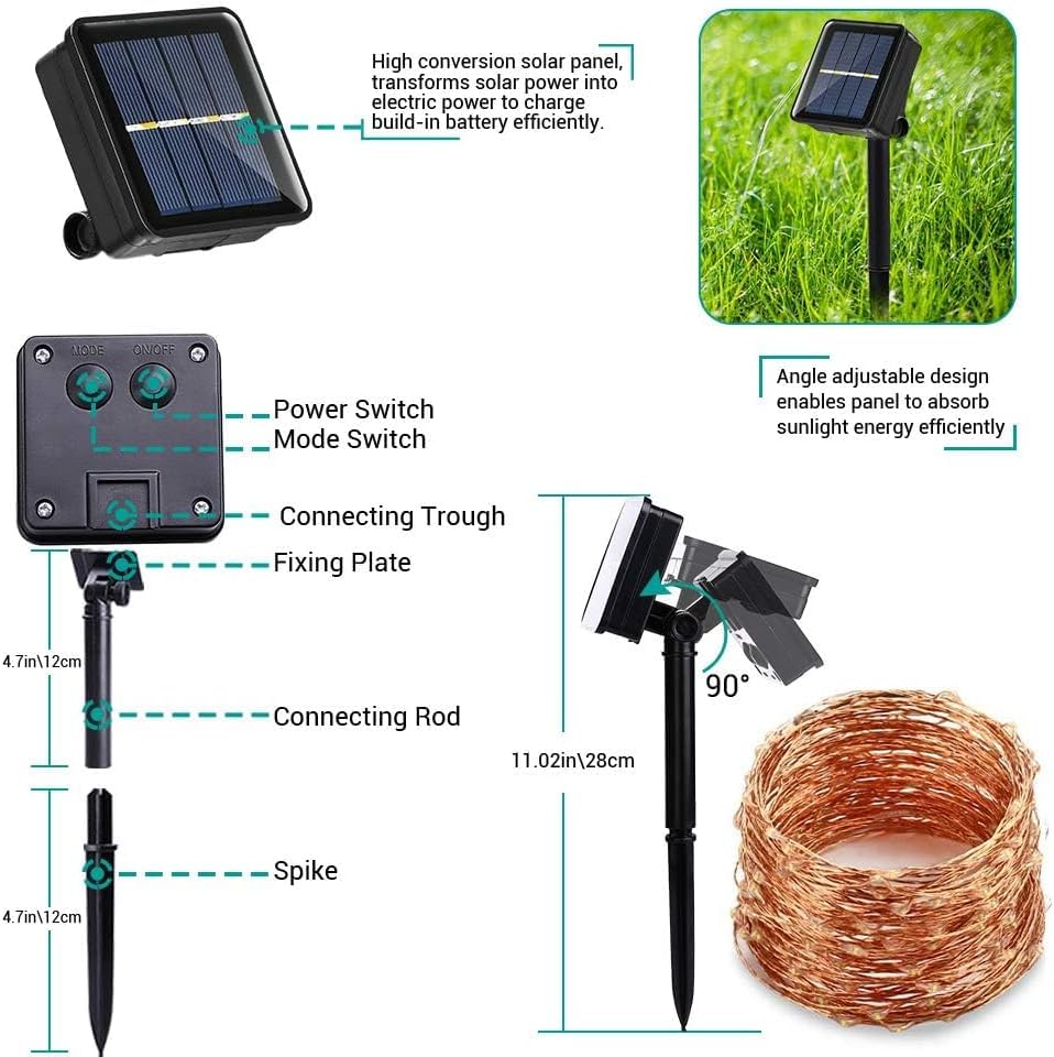 Joomer Lichtsnoer op zonne-energie, 2 stuks, voor buiten, 12 m, 120 leds, weerbestendig, 8 modi, koperdraad, warmwit, waterdicht, voor tuin, terras, balkon, kerstdecoratie