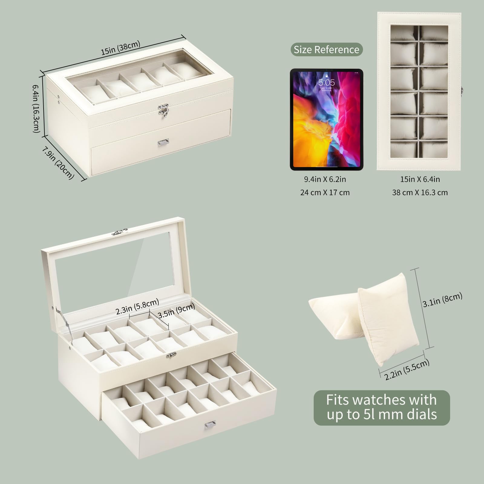 Coffret à Montres AUTOARK en Cuir et Velours, 24 pièces, Couvercle en Verre, tiroir de présentation, Organisateur verrouillable, Coussins Amovibles Beiges pour Montres, Beige, MKAW036
