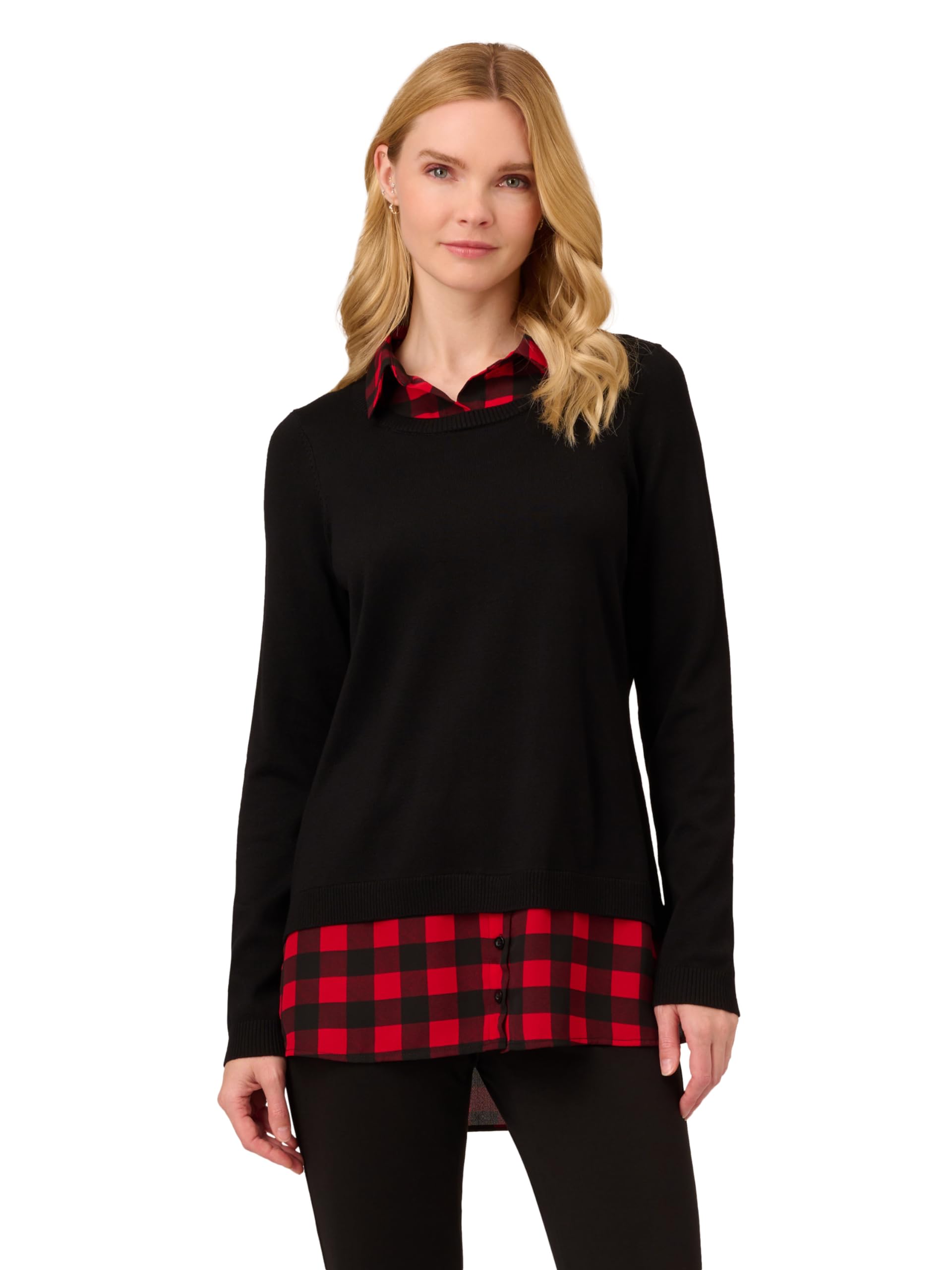 Adrianna Papell Womens Printed V-Neck Twofer Sweater