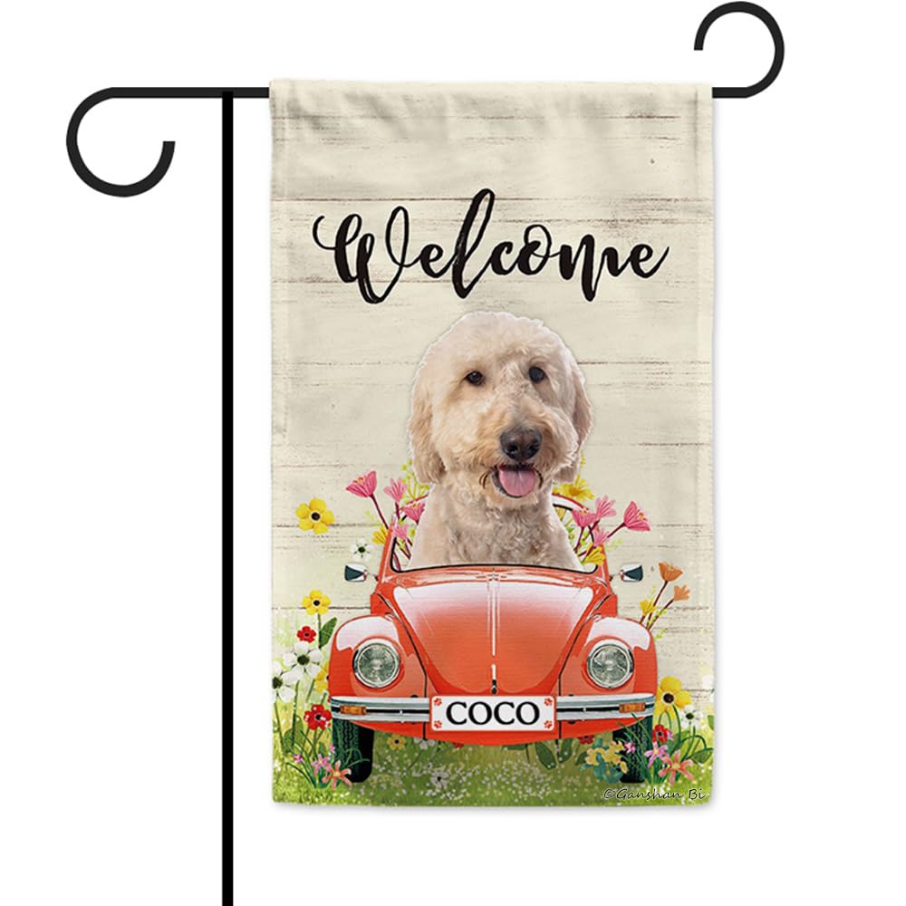 Custom Welcome Spring Dog Garden Flag Goldendoodle Driving A Vintage Car Summer Flowers Lawn Decor Home Banner For Outside Yard 12.5x18 Inch Both Sides