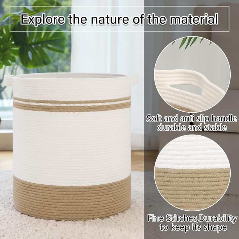 Image of Storage Rope Laundry Hamper Basket for Clothes, Towels and Blankets in Livingroom, Bedroom, Laundry Room and Basket for Nursery Storage (Size - 14 inch x 14 inch x 16 inch) (Beige White Stripe)