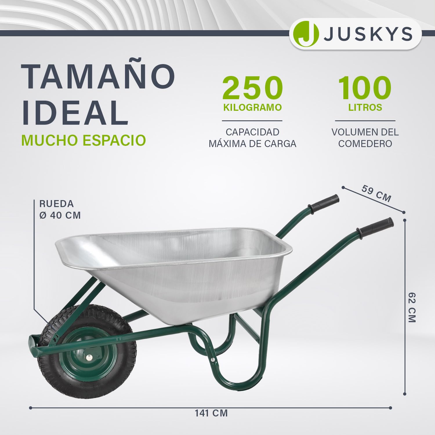 Juskys Carretilla de jardín | 100 litros de Volumen | 210 kg | Neumáticos con llanta metálica | Cubeta galvanizada | Carretilla de jardín Carretilla de Transporte