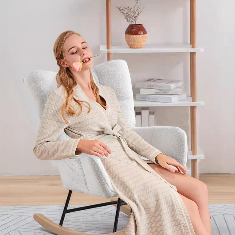 Rocking Chair Nursery, Teddy Upholstered Glider Rocker with High Backrest, Reading Chair Modern Rocking Accent Chairs Glider Recliner for Living Room, Nursery, Bedroom,White