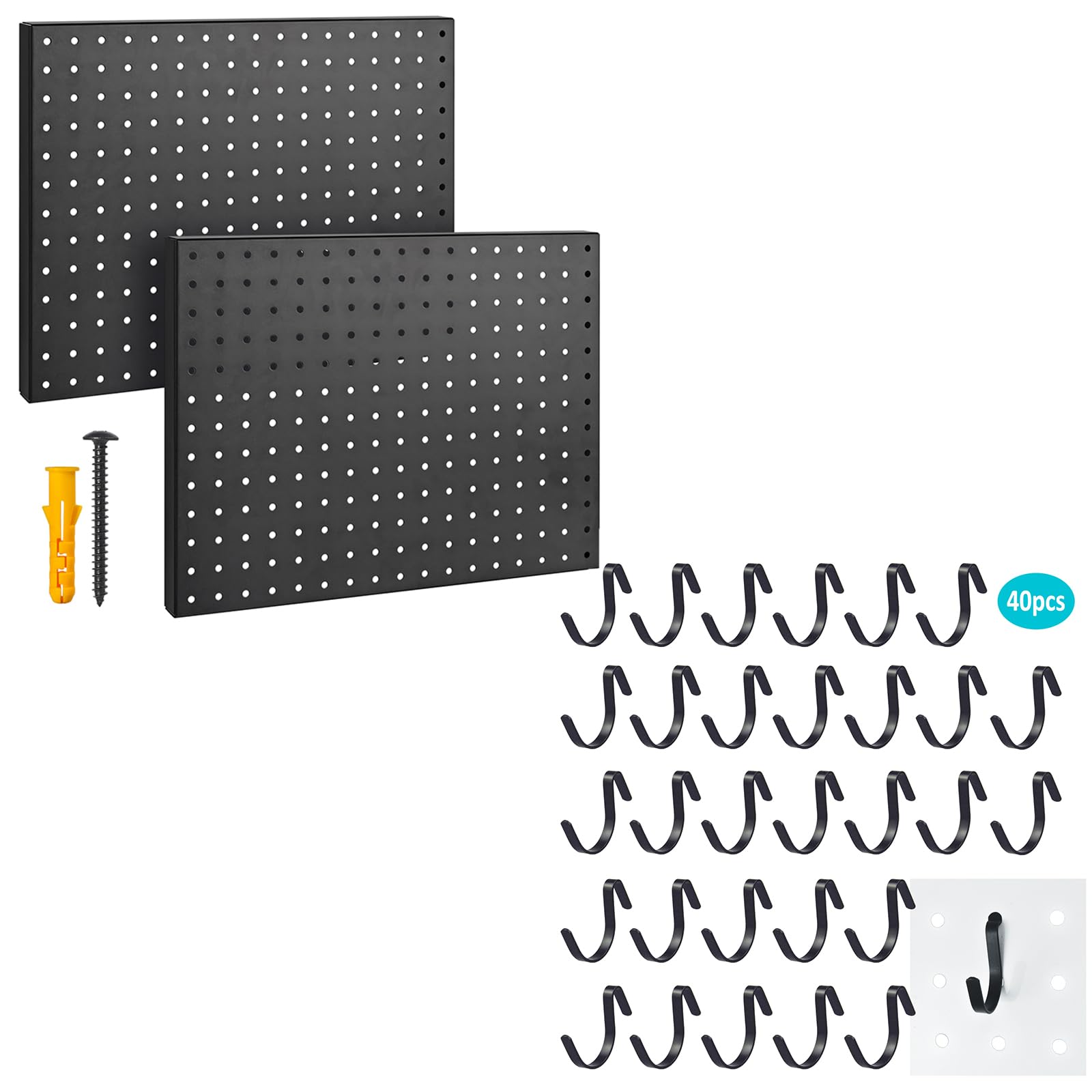 G.CORE Metal Pegboard with Accessories, 2 Pack Black Pegboard Panels and 40 Pack Black Peg Board J Hooks, Peg Board Accessory Kit for Hanging Tools