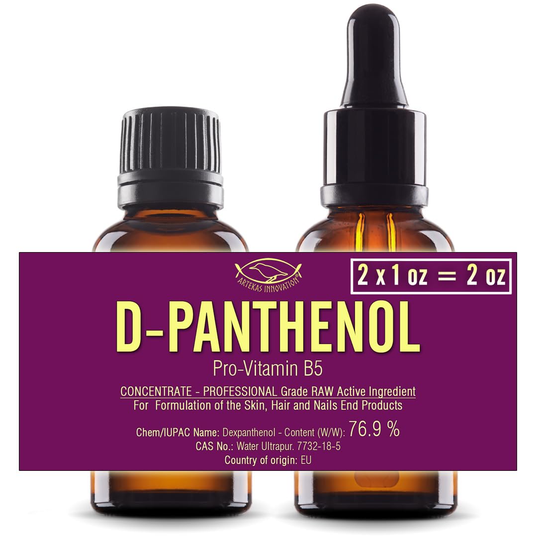 D‑Panthenol 76.9% Concentrate – Cosmetic Grade Pro‑Vitamin B5 – for DIY Serums, Creams & Hair Care - 2 vials of 1 Ounce Each - with Pipette and Screw Cap