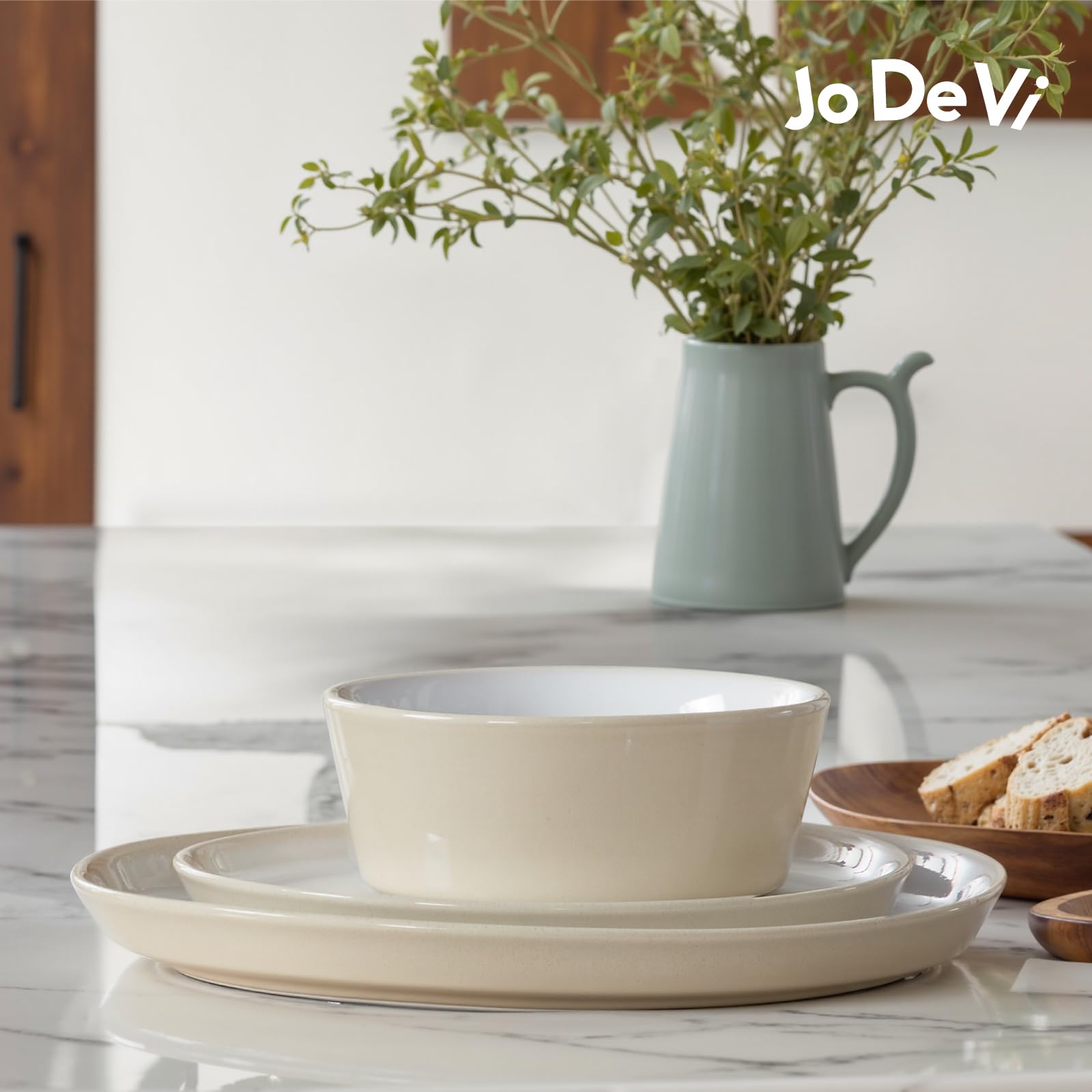Service de Vaisselle 12 Pièces pour 4 Personnes | Ensemble Moderne en Porcelaine avec 4 Assiettes Plates, 4 Assiettes à Dessert et 4 Bols à Céréales | Design Rustique Style Ferme, Beige Clair