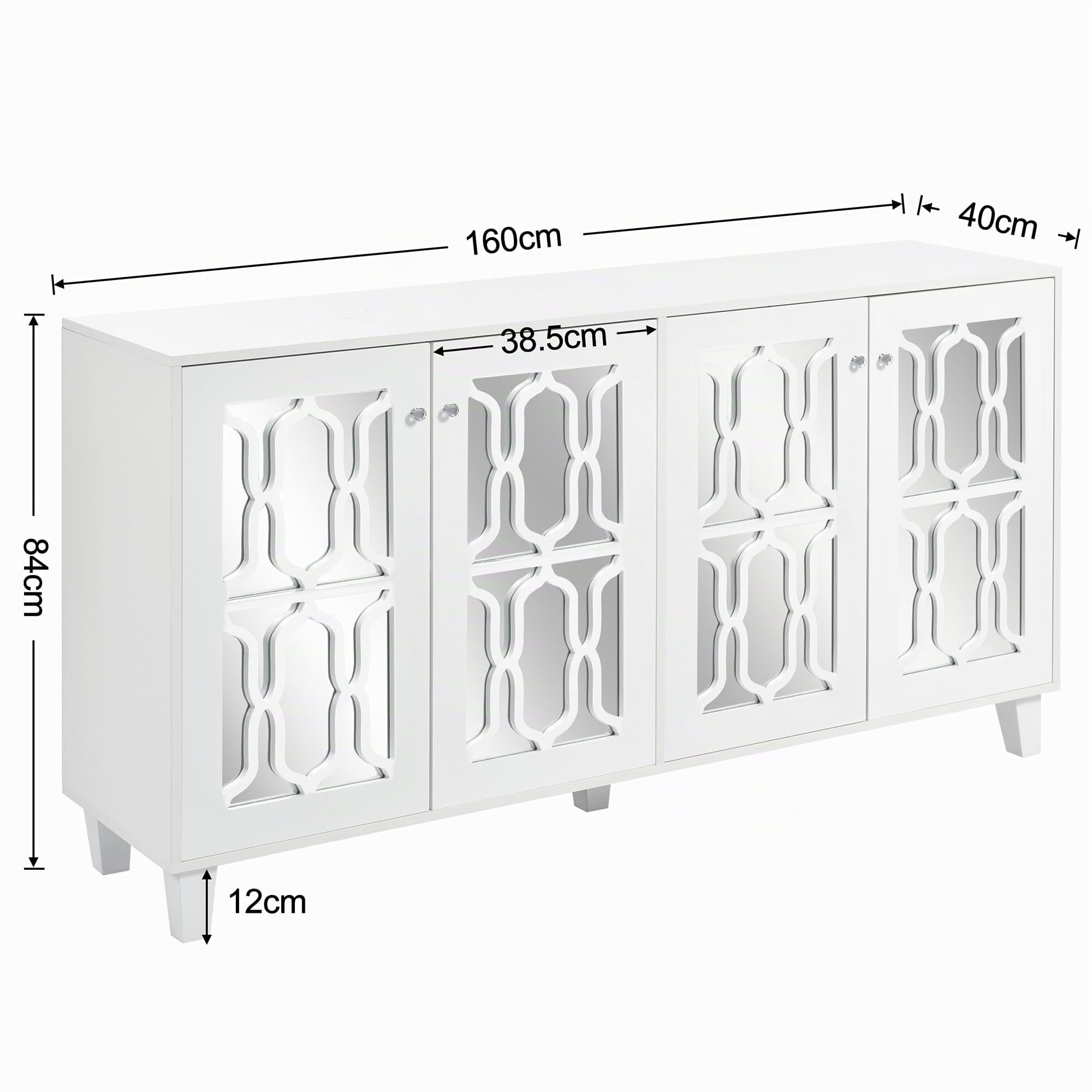 Moimhear Hogar y vivienda, muebles de espejo con asas de cristal fresco, cuatro puertas, con laminado móvil, para salón y comedor, 160 x 40 x 84 cm (blanco)