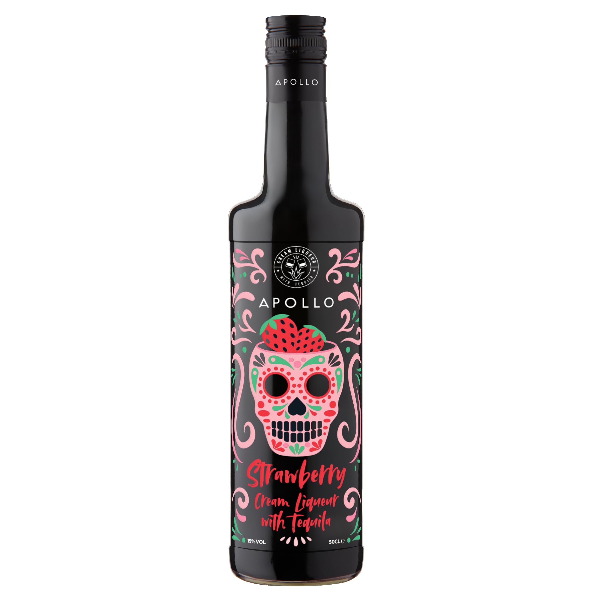 Apollo Strawberry Cream Liqueur with Tequila and Double Cream, 50cl, 15% ABV — Creamy Strawberry Flavour for Cocktails, Dessert Garnishes, Home Bar