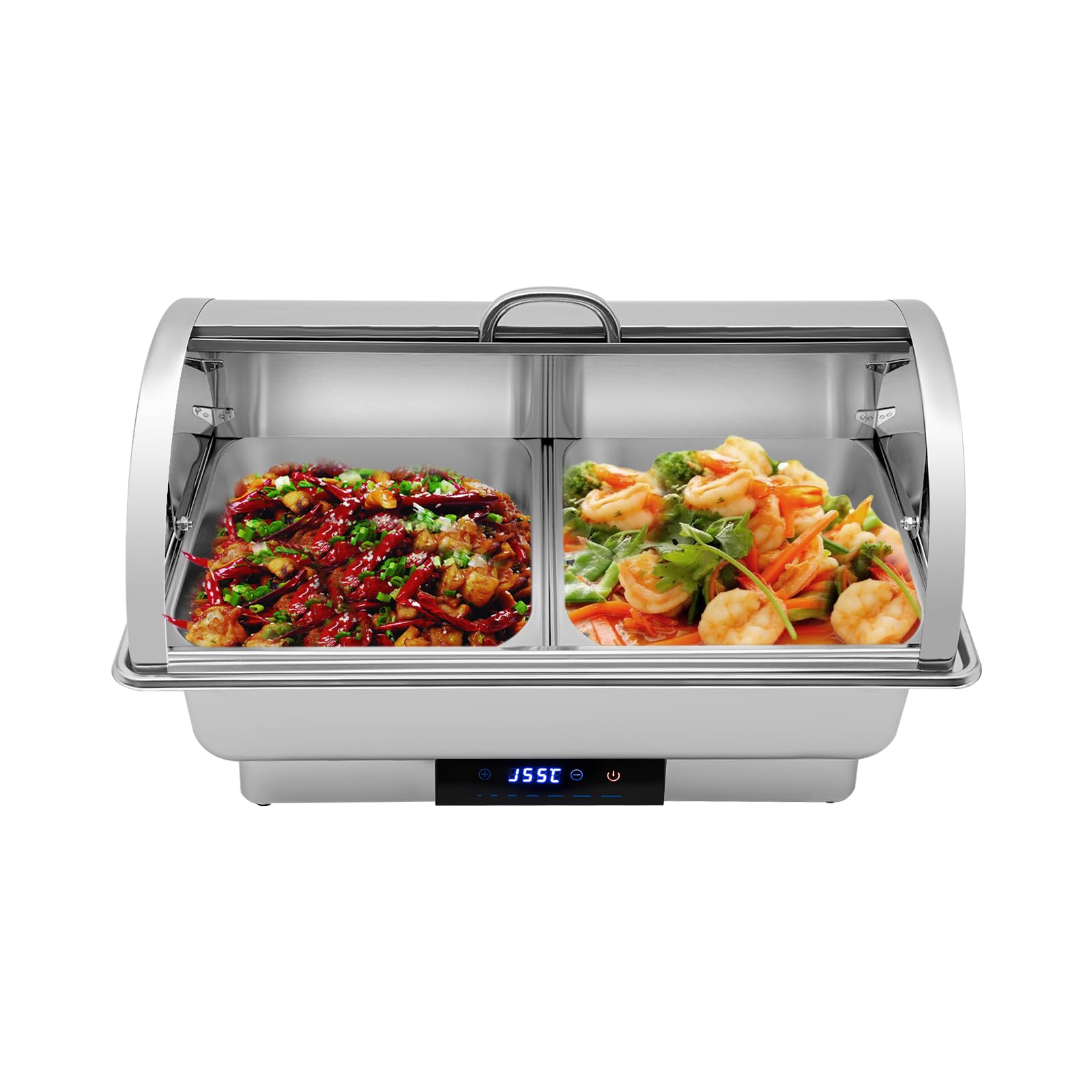 Electric Chafing Dish, Roll Flip Top Chafing Dish Stainless Steel Rectangular Chafing Dish Buffet Set with Dual Compartment, Chafer for Catering Banquet Buffet