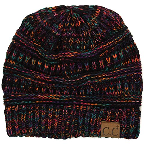 Quad Color Warm Chunky Thick Stretchy Knit Slouchy Beanie Skull Cap Hat Black Multi