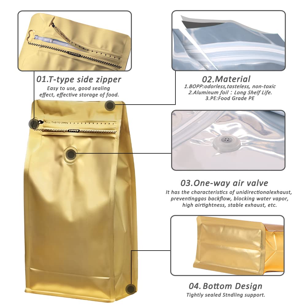 REMTAP Torby na kawę z zaworem (100 szt., 473 g) złota wysoka bariera folia aluminiowa płaskie dno stojące torby do przechowywania ziaren kawy, wielokrotnego użytku zamykane termicznie boczne woreczki na zamek błyskawiczny do domu lub sklepu