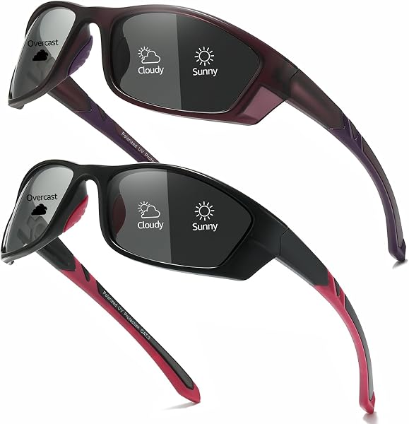 Myiaur 2er Pack Fahrradbrille Selbsttönend Damen Herren Photochrome Polarisierte Wrap-Around Sonnenbrille mit UV400 für Fahrrad Sport