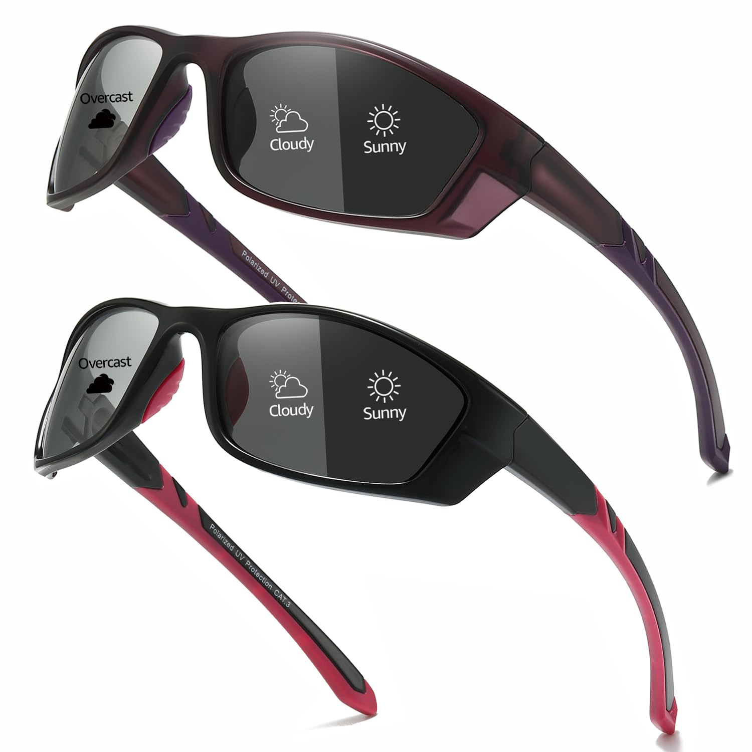 Myiaur 2er Pack Fahrradbrille Selbsttönend Damen Herren Photochrome Polarisierte Wrap-Around Sonnenbrille mit UV400 für Fahrrad Sport