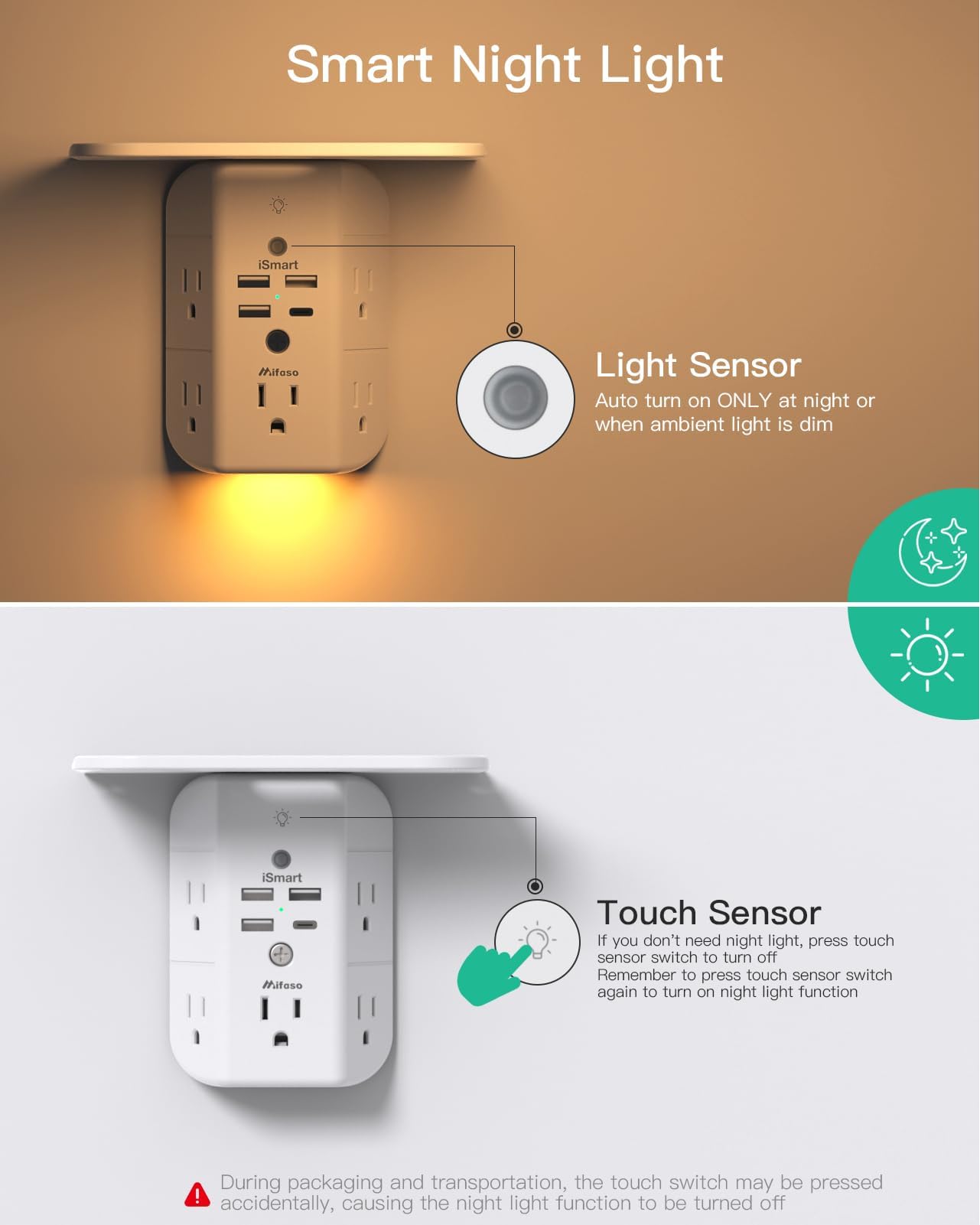 Mifaso Outlet Extender with Shelf and Night Light, 1800J Surge Protector — Amazon image 3