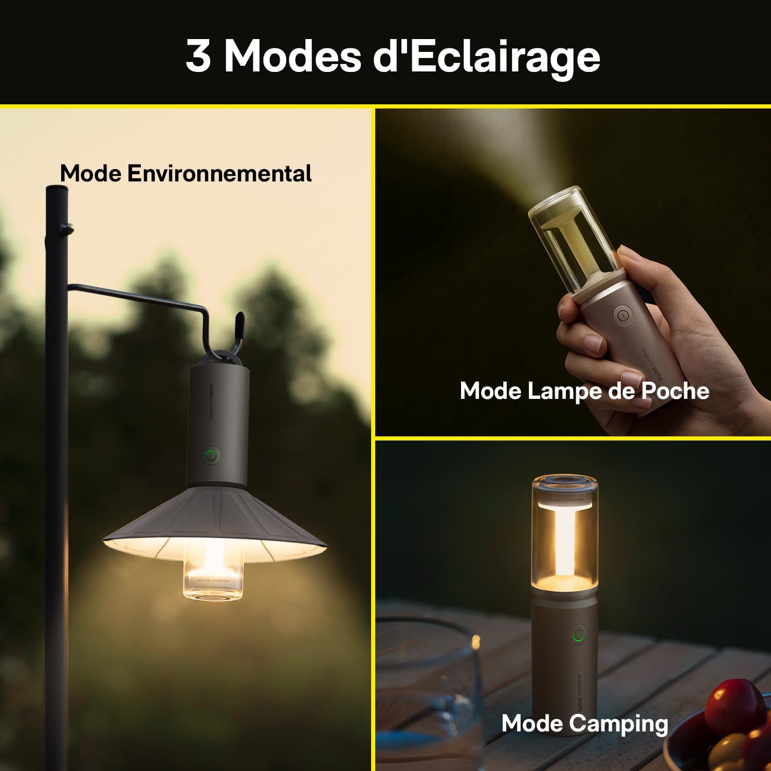 HOTO Lanterne Camping Rechargeable IPX6 étanche, abat-jour détachable | 3 modes, batterie 3100 mAh, 180 lumens, autonomie 8~50h, charge Type-C