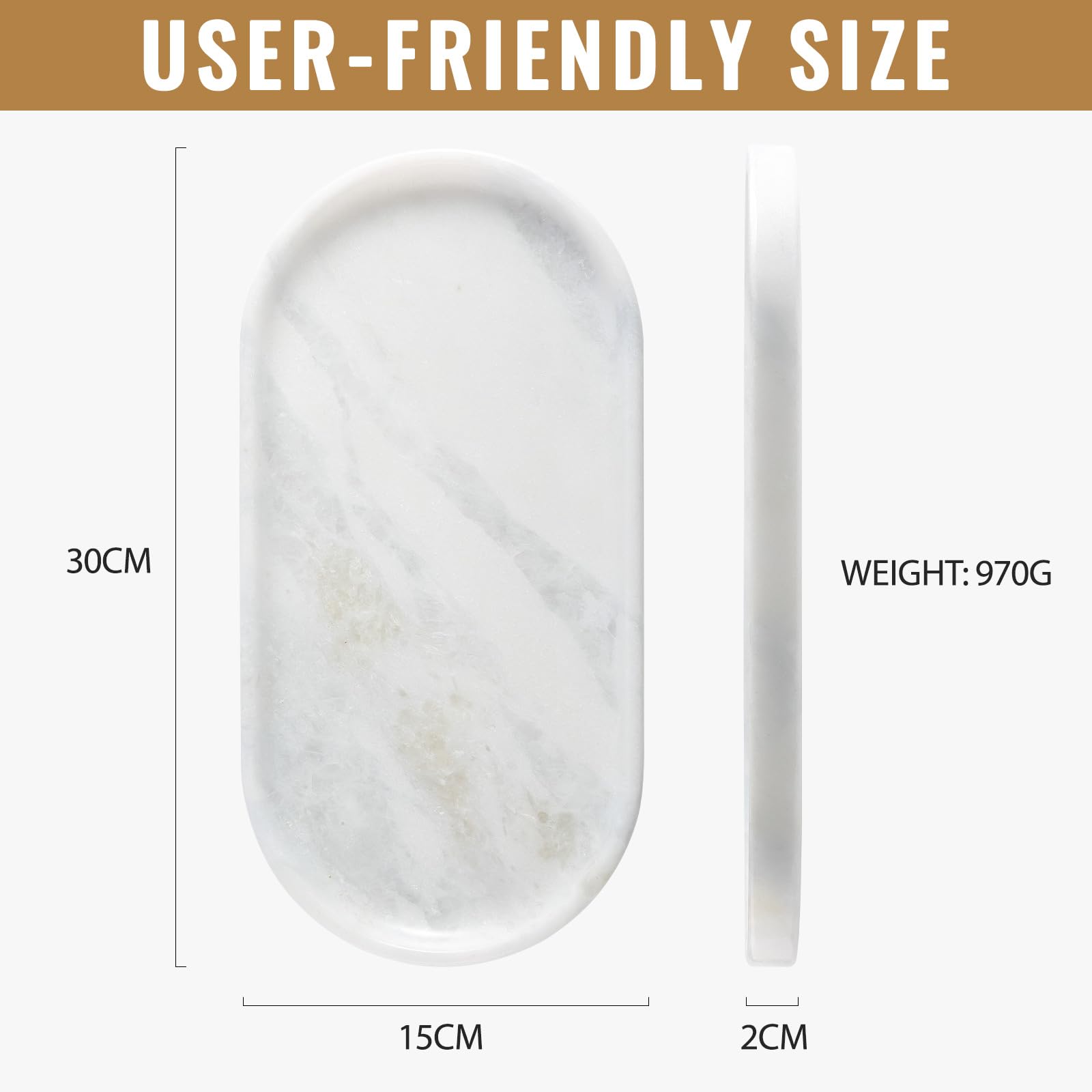 Plateau Salle de Bain, Marbre Naturel Plateau Decoratif Ovale, Blanc | 100% Marbre Travertin, Anti-taches, Antidérapant, Nettoyage Facile, pour Cosmétiques Parfums Bougies Bijoux, 30x15x2cm