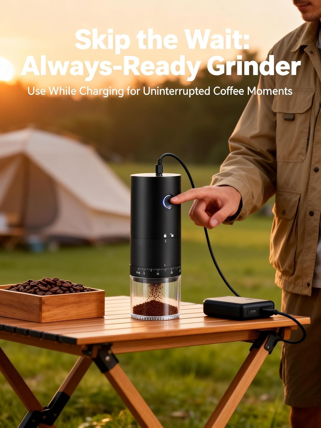 LAMIDO Moulin à café électrique portable – Moudre pendant la charge – 38 réglages externes réglables – Broyage 1,8 x plus rapide – Batterie rechargeable de 2000 mAh pour voyage, camping – Noir mat
