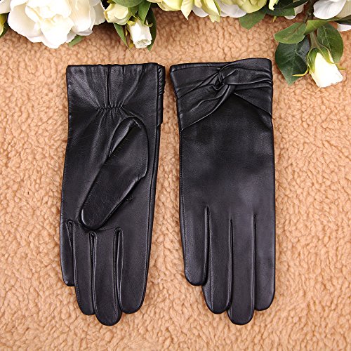 Warmen Women's Lambskin Leather Cold Weather Gloves with Crossing Bow (7, Black (Touchscreen Function/Wool Lining)) - Thumbnail 6
