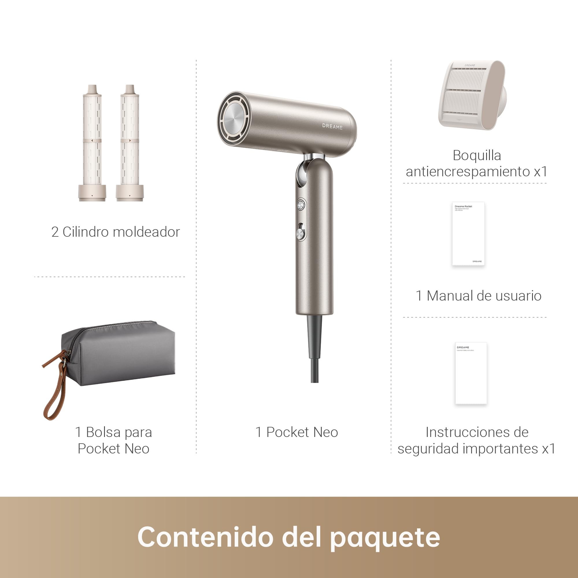 DREAME Pocket Neo Secador de Pelo de Alta Velocidad, 3 Formas Plegables, 300 g, Motor de 110 000 RPM, 300 Millones de Iones Negativos/cm³, Temperatura Constante de 57 °C, Secado en 40 Segundos, Dorado