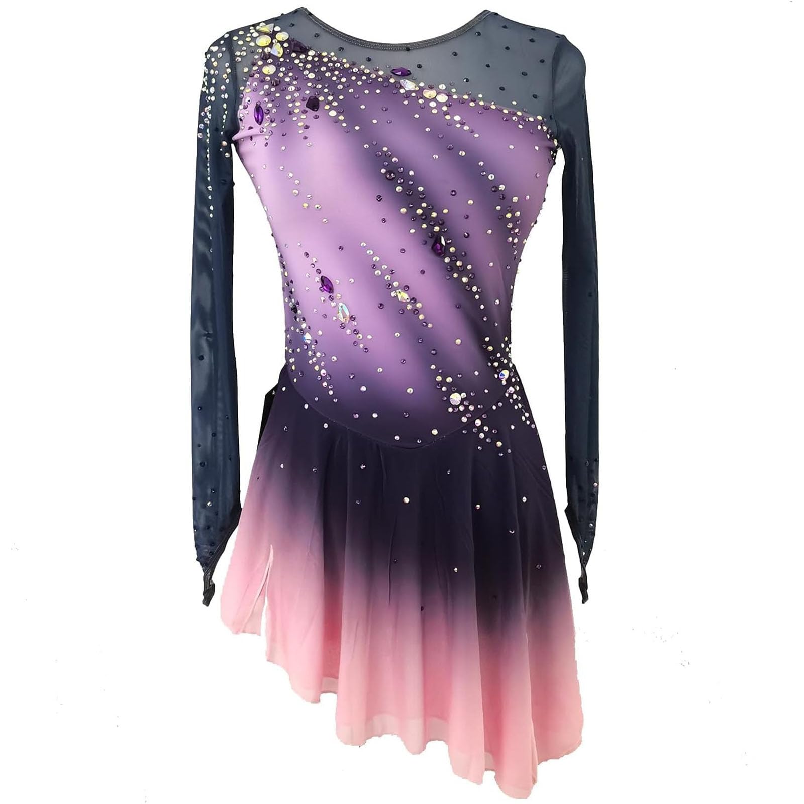 Vestido de Patinaje Artistico para Niña Mujeres Pedrería Manga Larga Niñas Vestido Bailarina con Gimnasia Rítmica Maillot de Patinaje Competición Traje de Baile