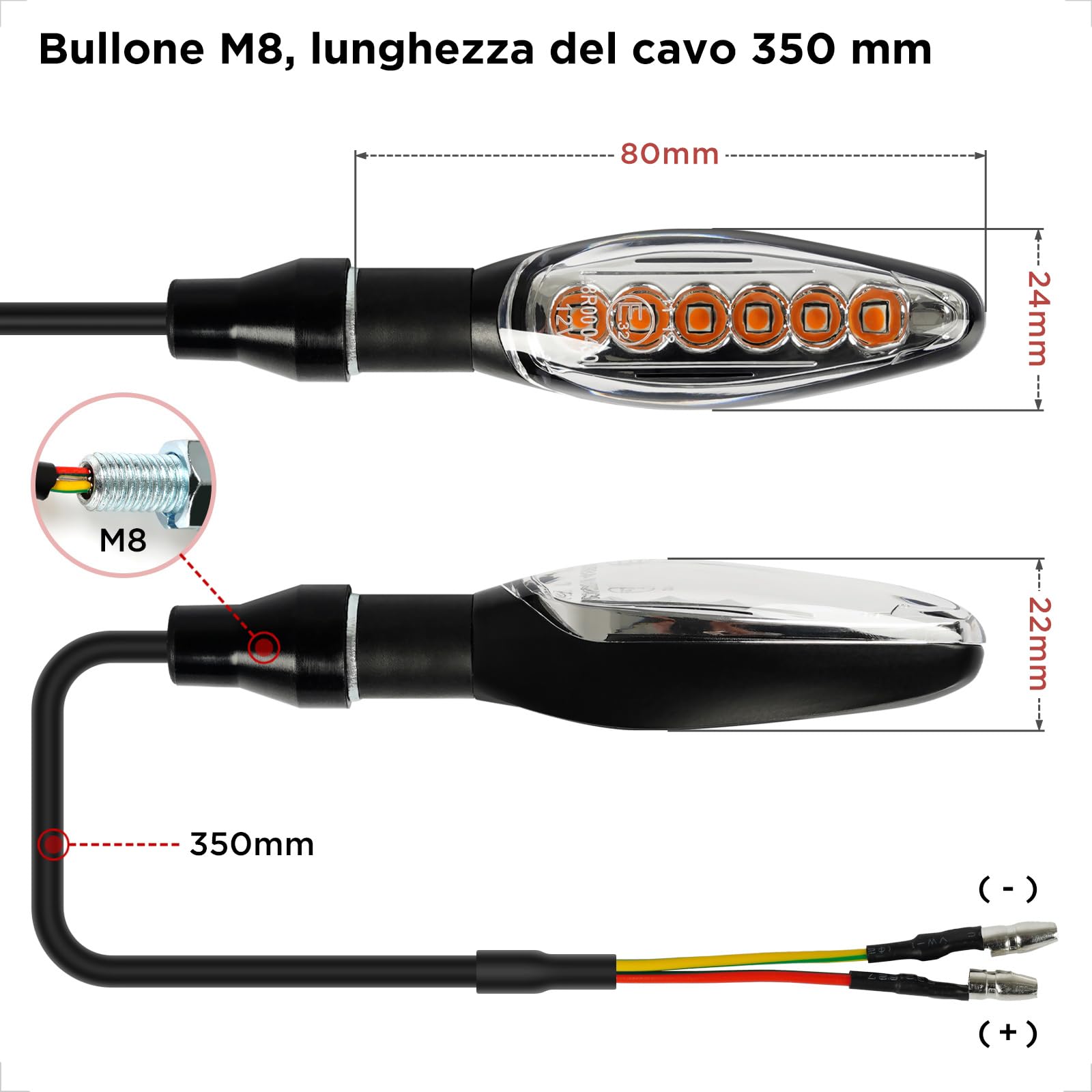 evermotor Omologate Frecce LED Moto 12V 2 pezzi E32, LED Indicatore di direzione per moto, Indicatore di direzione sequenziale, Alluminio, IP67 Impermeabile