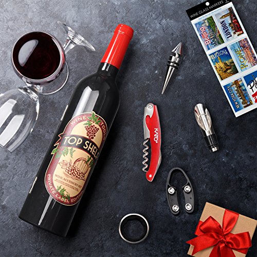 Kato Wine Accessories Gift Set - Wine Bottle Corkscrew Opener Kit, Stopper, Pourer, Foil Cutter, Drip Ring With Free Drink Stickers, Great Mother's Day Gifts, Red #TOP7