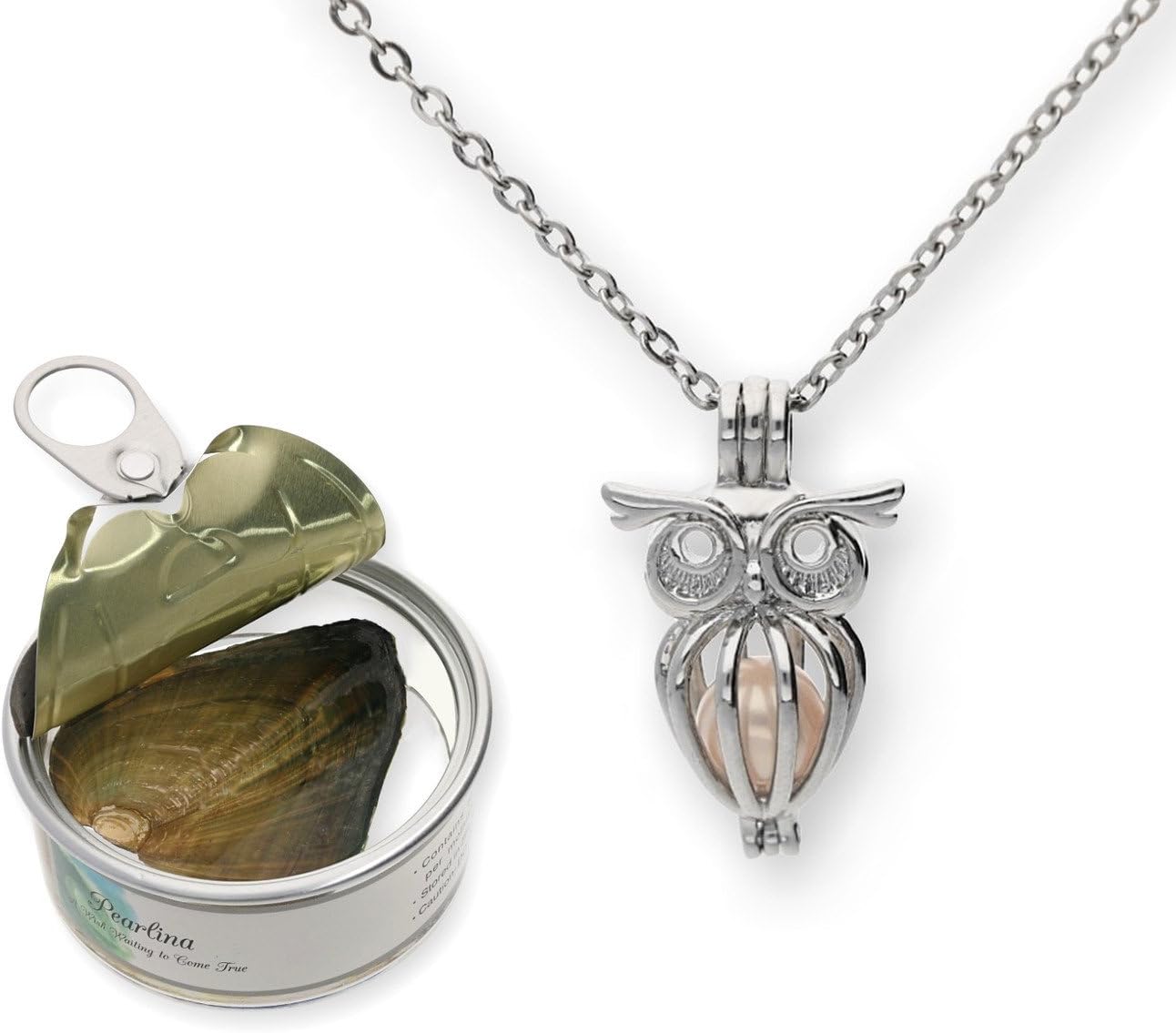Pearlina Owl Cultured Pearl in Oyster Necklace Set Silver-tone Cage w/Stainless Steel Chain 18"