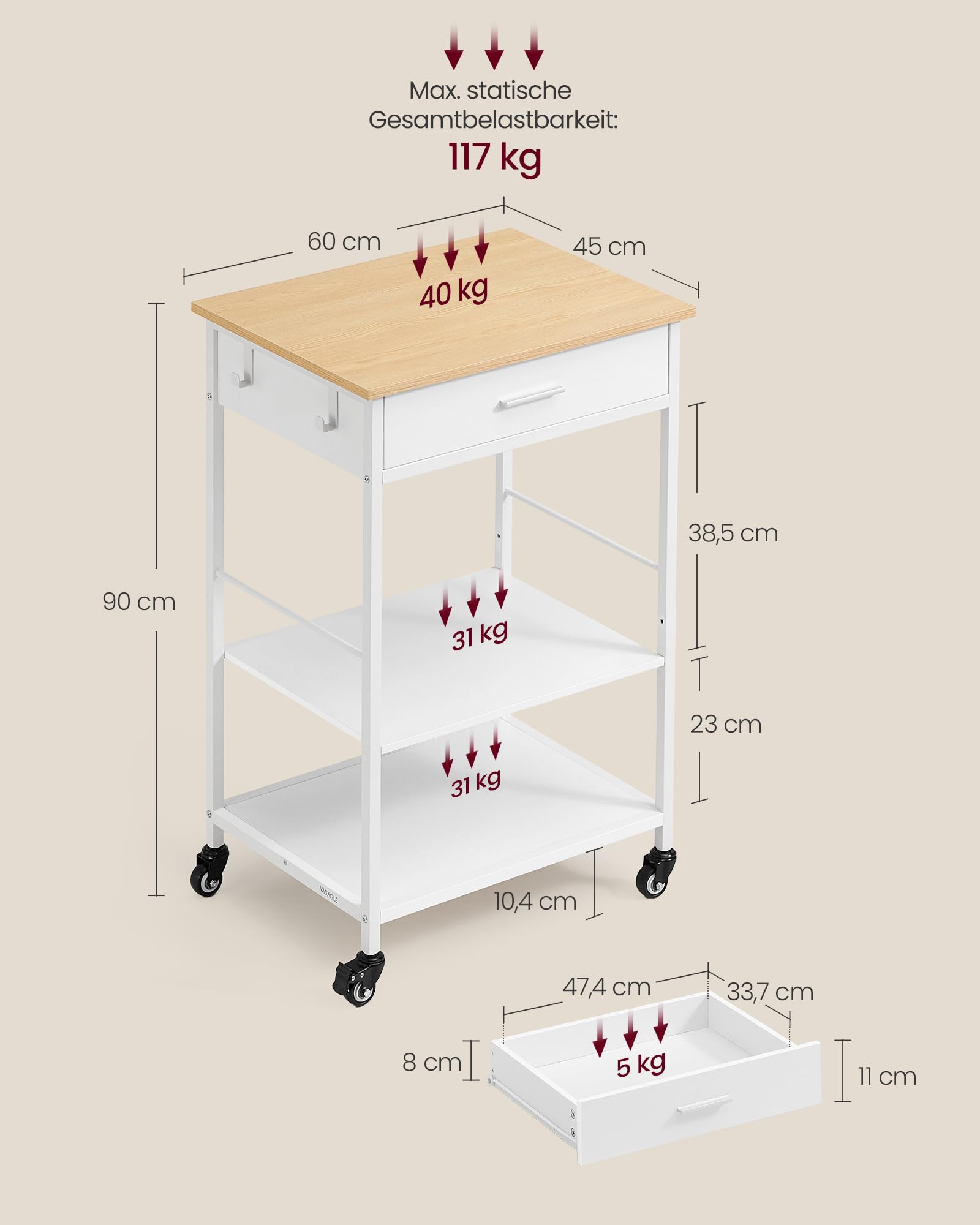 VASAGLE Küchewagen mit Rollen, mobiler Servierwagen mit Stauraum, Kücheninsel, 47 x 60 x 90 cm, Schublade, 2 Haken, für Esszimmer, eichenbeige-mattweiß KKI007Y01