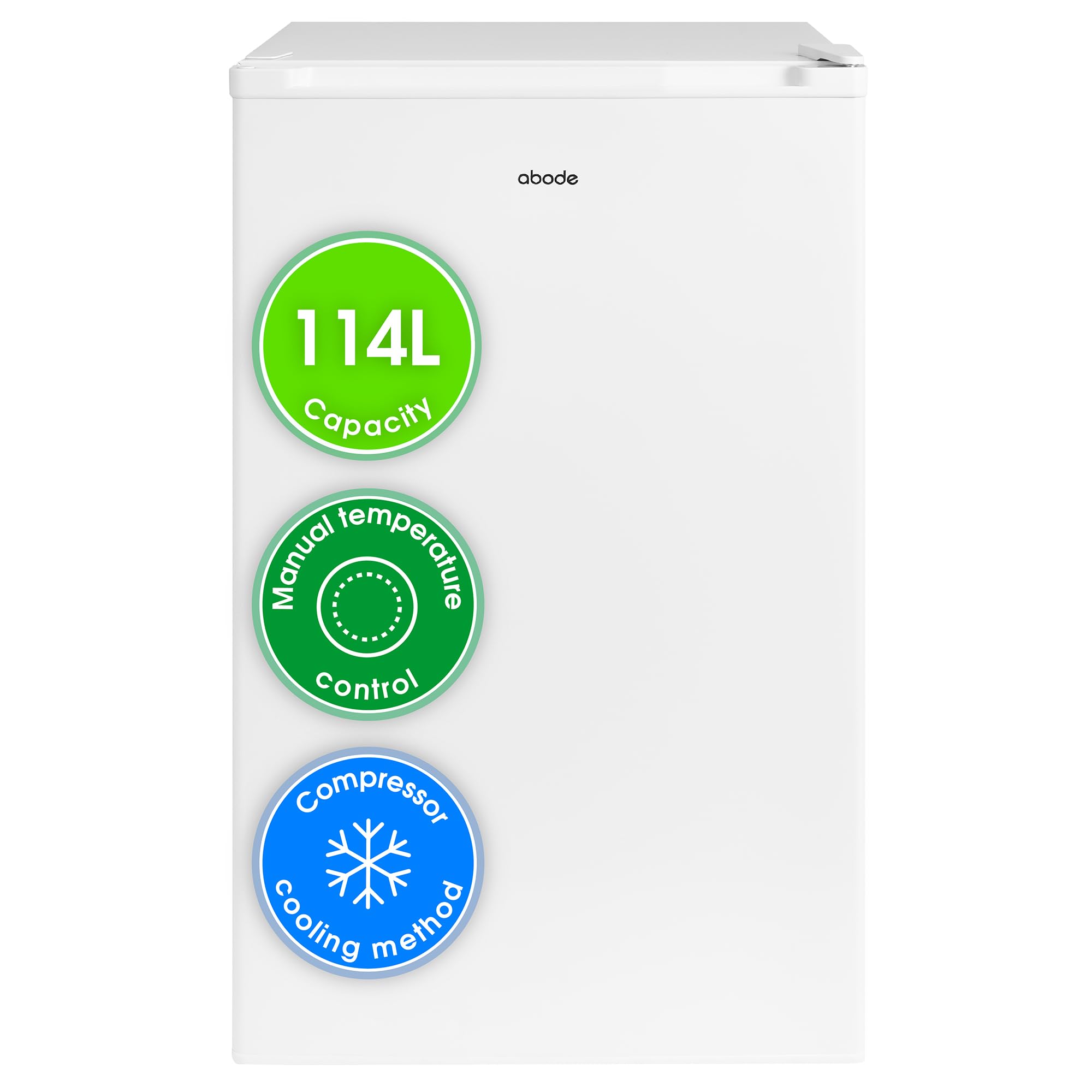 Abode Under Counter Fridge 50cm Wide Freestanding White 114 Litre Removeable Glass Shelves & Drawer, Adjustable Feet & Reversible Door A85UCLF504E1W (New 2025 Model, White) - 2