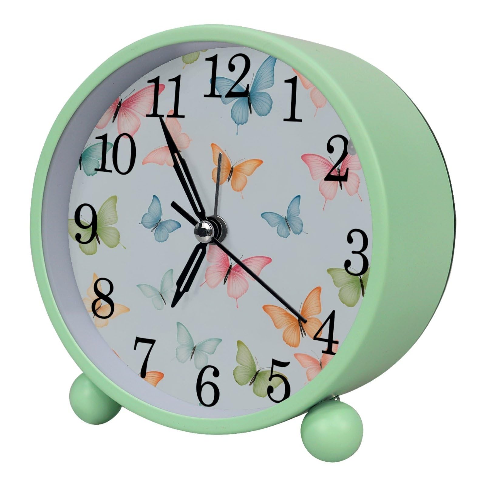 etoenbrc Watercolor Butterfly Round Battery Operated Bedside Alarm Clock Non-Ticking Desktop Silent Analog Alarm Clock with Light