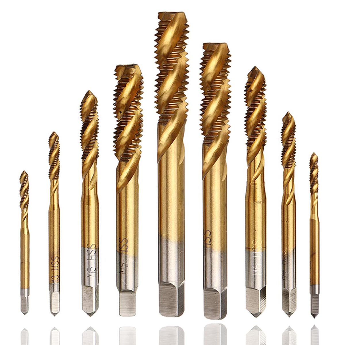 Moyata 9 Stück Gewindebohrer Set, Kombination Bohrer Metric Gewinde | HSS Titanbeschichtetes Maschinen Spiral gewindebohrer für Weiches Metall, Aluminium, Eisen, M2 M2,5 M3 M4 M5 M6 M8 M10 M12