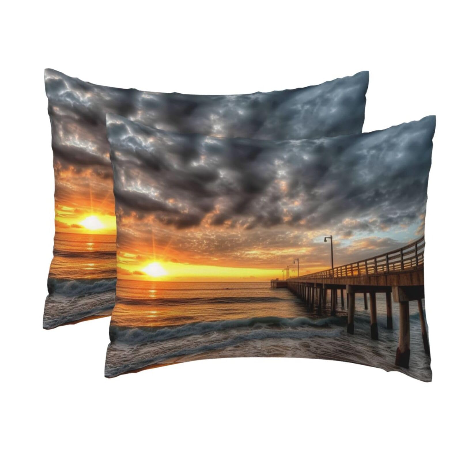 2 Pack Standard Pillow Cases with Hidden Zipper, Soft Breathable Pillow Covers for Hair and Skin, Beach Sea Bridge Clouds Sunset Pillowcases 20"x26" Bed Pillow Protectors Cover for Sleeping Gifts