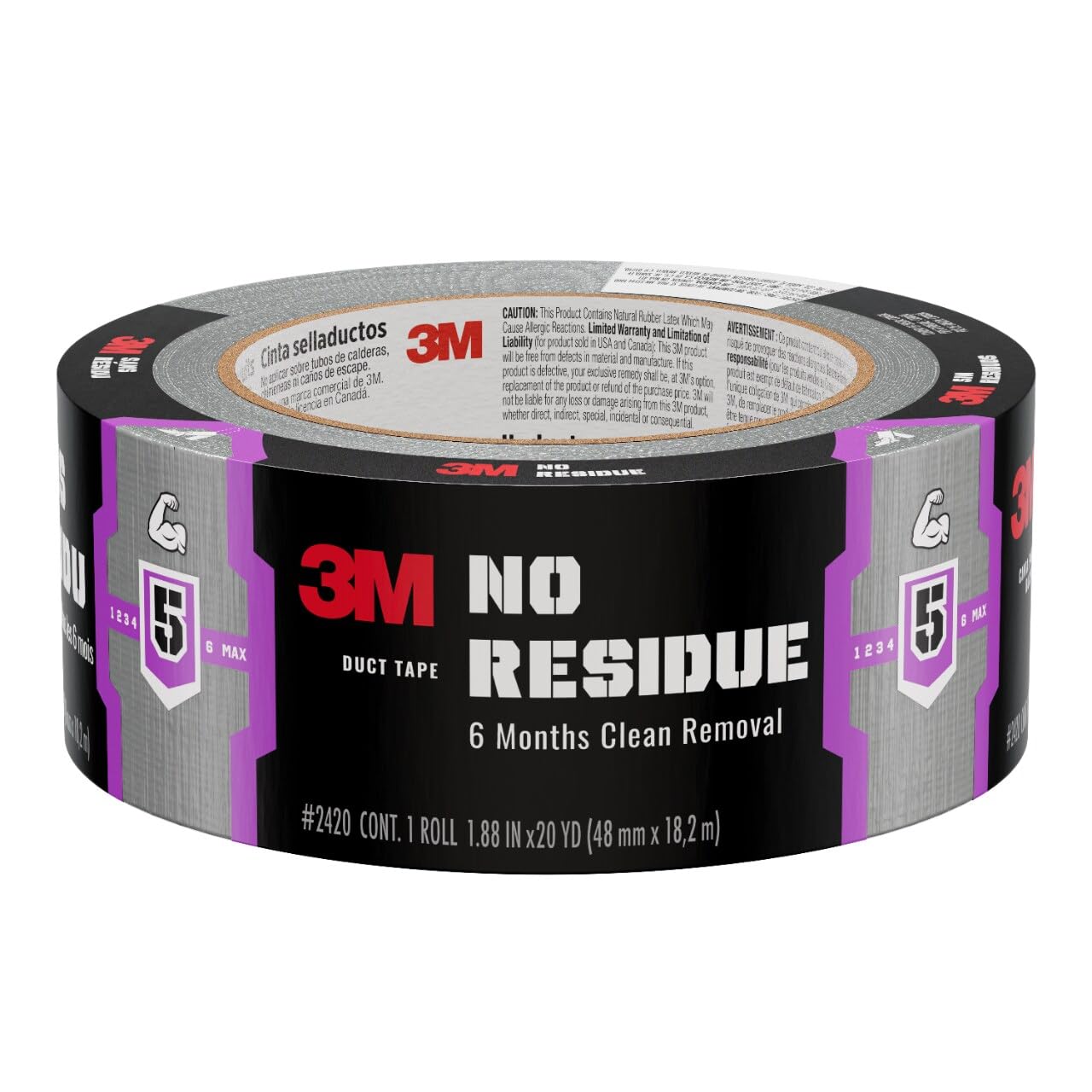 3M No Residue Duct Tape, 1.88 in x 20 yd, 1 Roll, Removes Without a Trace, Great for Bundling, Securing Cords, Tear by Hand Vertically and Horizontally, Ideal for Indoors and Outdoors (2420)