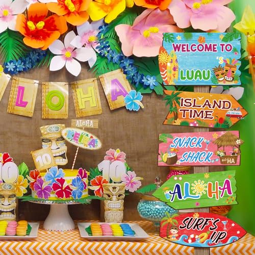 Image of 20 Pieces Luau Party Decorations Hawaiian Party Welcome Sign Summer Tropical Party Direction Signs for Fiesta Hawaiian Luau Tiki Themed Birthday Wedding Party Supplies with 2 Sheet Stickers