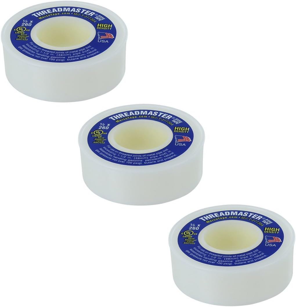 M 66 Threadmaster Teflon Thread Tape 1/2 in x 260in - 3 Pack | Premium Grade PTFE Teflon Tape Plumbing | Water Sealant Pipe Tape | Plumbers Tape for Shower Head and Secure Sealing