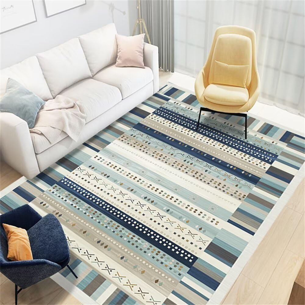 Tapis de canapé lavable géométrique 90x150 tapis bleu anti-dérapant