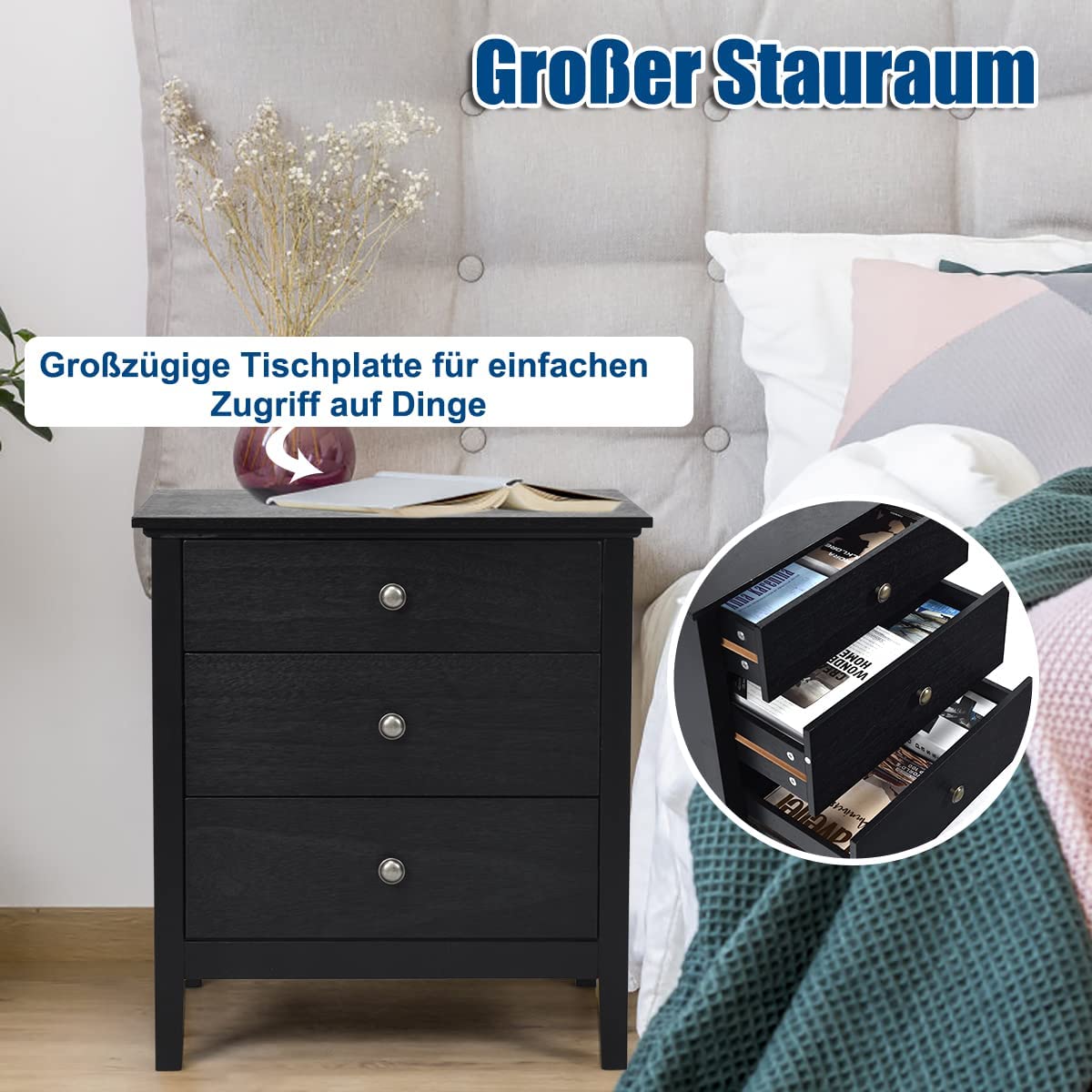 COSTWAY Stolik nocny, czarny, 45D x 60W x 66H cm