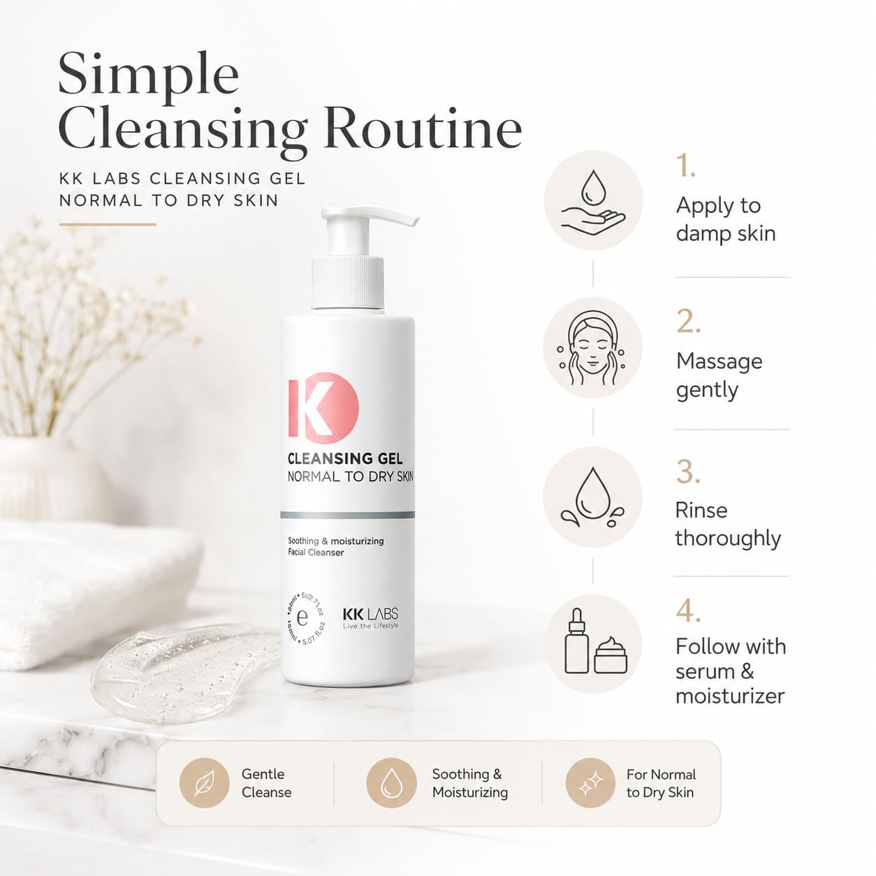 KK Labs Cleansing Gel for Normal to Dry Skin 150ml - Gentle Daily Face Wash That Cleanses Without Tightness or Dryness, Leaves Skin Soft, Comfortable and Refreshed, Men and Women